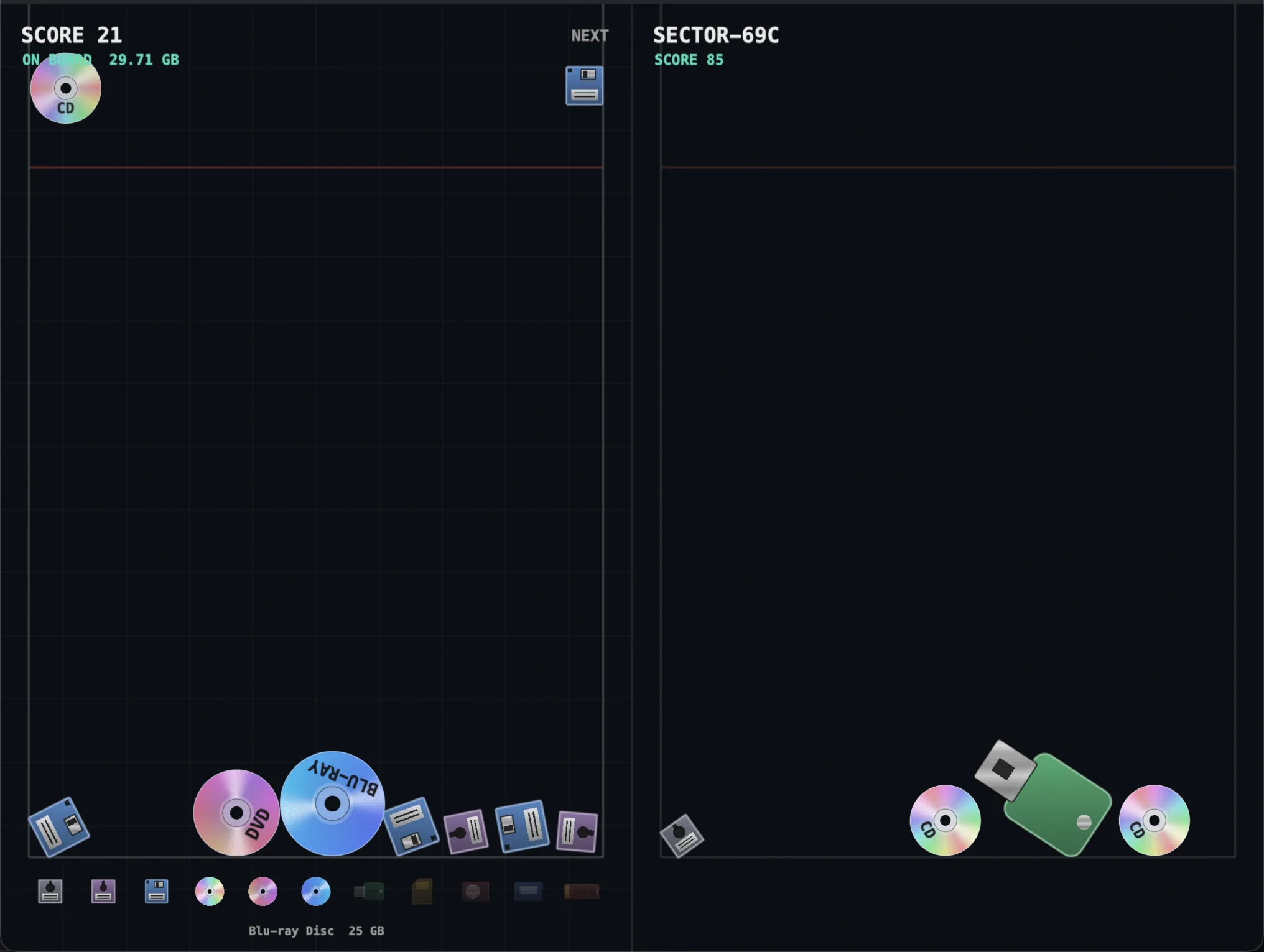 Real-time match screen. Your board on the left, your opponent's name and score on the right.